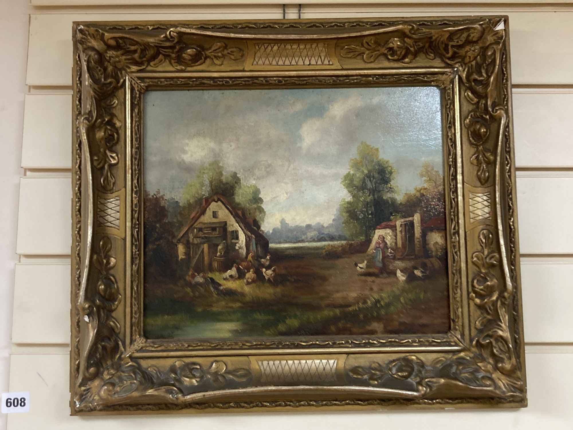 Demeret, oil on board, Farm scene with woman feeding chickens, 28 x 34cm